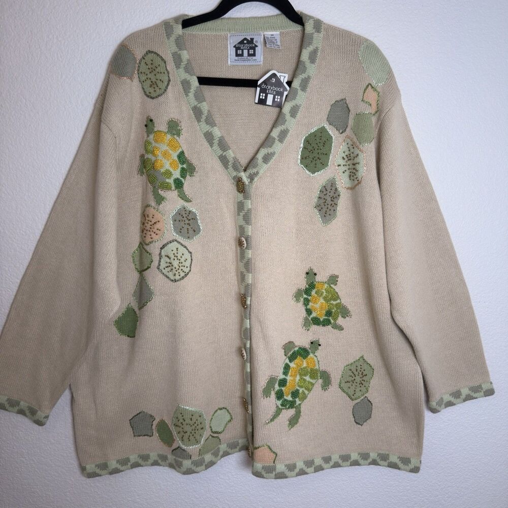 Storybook Knits Cardigan 3X Beaded Sea Turtles Lily Pads Embroidered Sweater NWT